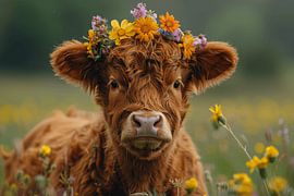 Flower crown highland cattle - Idyllic nature photography for the home by Poster Art Shop