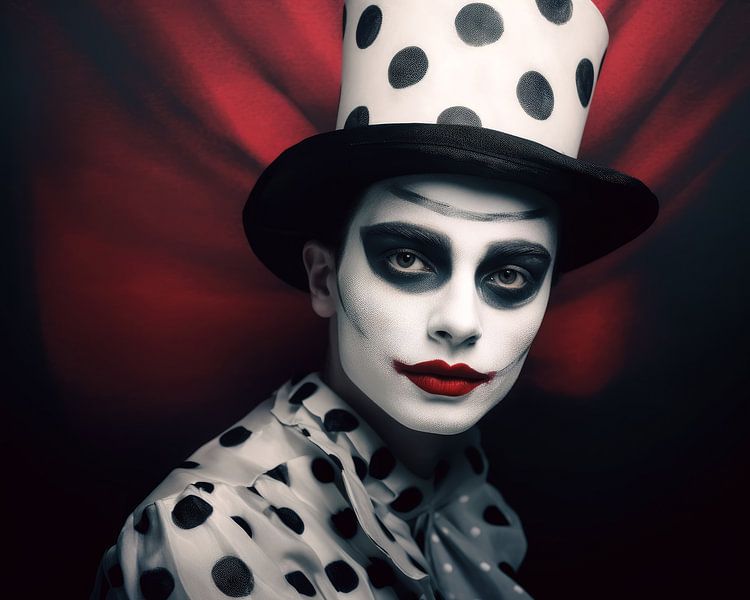 Pierrot portret schilderij in zwart wit en rood van Vlindertuin-Art