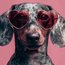 Teckel avec des lunettes de soleil en forme de cœur - Portrait Pop Art sur Eva Lee