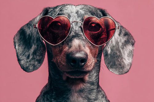 Dackel mit herzförmiger Sonnenbrille – Pop-Art-Porträt