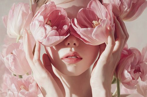 Floral Whisper – Abstraktes Porträt mit Händen und Blumen