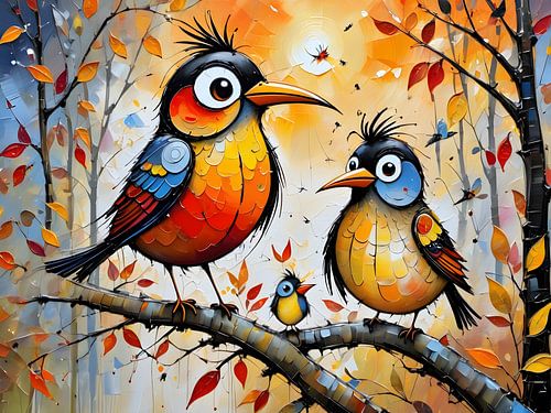 Kleurrijke vogelfamilie op een tak in een herfstlandschap