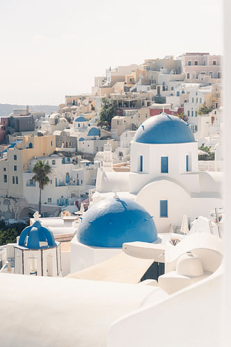 Classic view blue domes Santorini | travel photography print | Greece