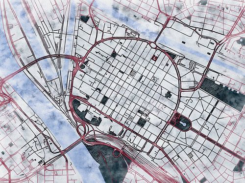 Map of Mannheim centrum with the style 'White Winter' by Maporia