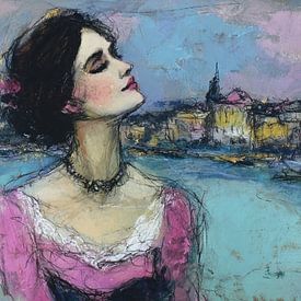 Dromerige Venetië Vrouw van Abstract Schilderij