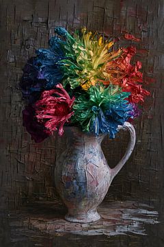 Fleurs impressionnistes colorées dans un vase élégant sur De Muurdecoratie