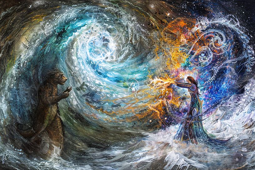 Vrouw met beer in droomlandschap van Art & Soul Creations