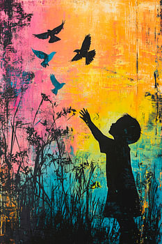 Kind met vogels in silhouet banksy stijl