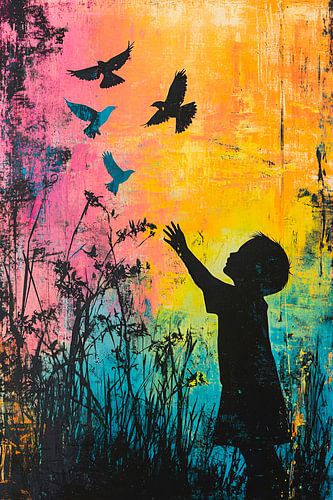 Kind met vogels in silhouet banksy stijl