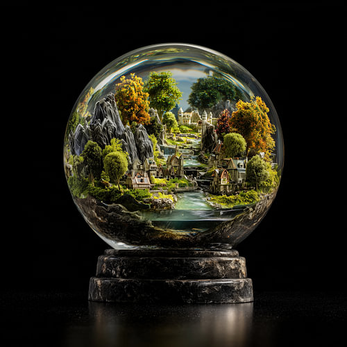 Miniatuur dorpje met rivier in glazen bol