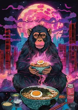 Chimpansee eet Japanse Ramen in kom van MIROKKU