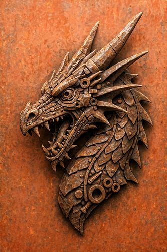 Industriële draak uit metaal (AI) (roest, schroot, fantasie, mythisch, oude onderdelen, steampunk, recyclen, smederij, metaalsmid, man cave)