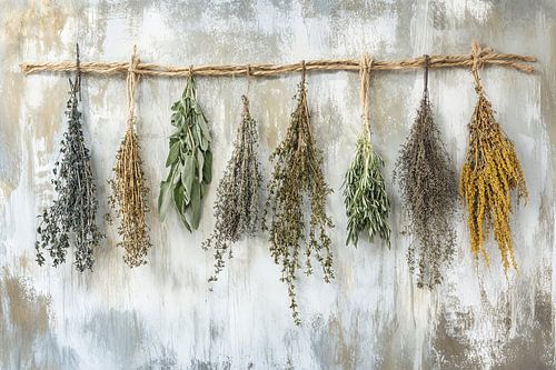 Getrocknete Kräuter auf Schnur