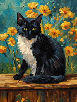 Schwarz weiße Katze im Blumenfeld Kunst