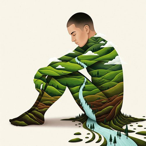 Contemplative man embodying nature's beauty concept