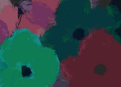 Pop-art bloemen in groen, warm roze, donkerpaars en zwart.