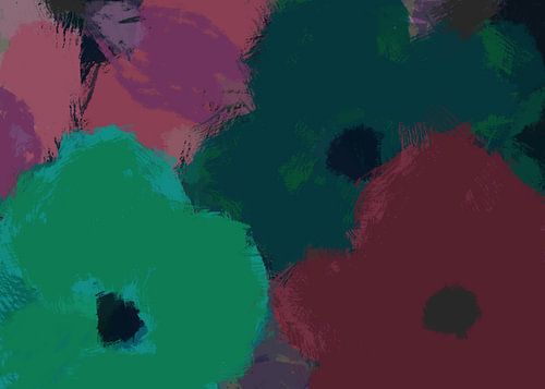 Pop-art bloemen in groen, warm roze, donkerpaars en zwart.