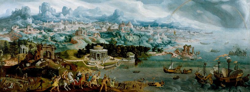 Panorama mit der Entführung von Helena inmitten der Wunder der Antike, Maarten van Heemskerck von Meisterhafte Meister