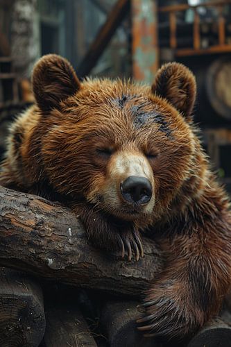 Slapende Bruine Beer op Boomstammen