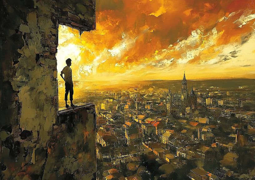 Stadtpanorama | Abenddämmerung über Turmruinen von Abstraktes Gemälde