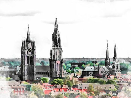 Zicht op oude en nieuwe kerk in Delft.
