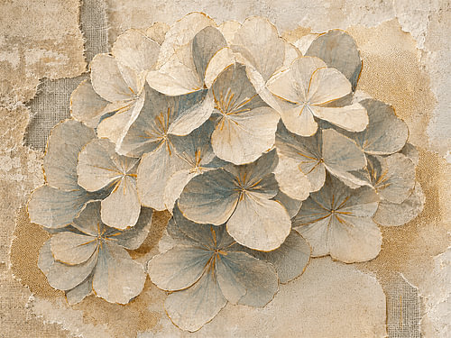 Botanische kunst:  Hortensia met texturen in beige en zand tinten
