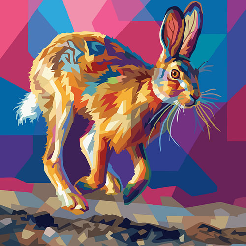 Pop-Art-Illustration eines springenden europäischen Wildkaninchens – Metallposter
