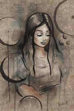 Portrait abstrait et rêveur d'une femme – Art contemporain en technique mixte