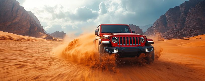 Red Jeep Wrangler at Sunset in the Dunes by robby akrim