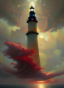 Phare flottant dans les nuages du coucher du soleil