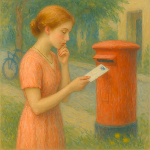 De brief. Vrouw bij brievenbus. Een moment van twijfel, stilte en innerlijke keuze