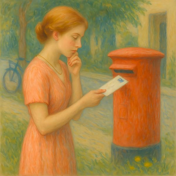 The letter. Woman at letterbox. A moment of doubt, silence and inner choice by Basahen
