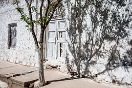 Verwittertes weiß verputztes argentinisches Haus im Schatten eines Baumes