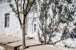 Verwittertes weiß verputztes argentinisches Haus im Schatten eines Baumes
