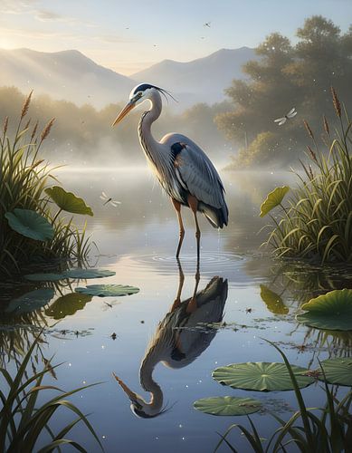 Ein Reiher auf Fischjagd in einem ruhigen See