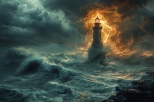 Dramatische vuurtoren in een storm met onweer en golven