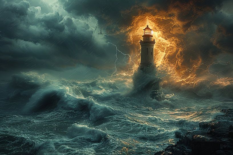Dramatic lighthouse in a storm with thunderstorms and waves by Poster Art Shop