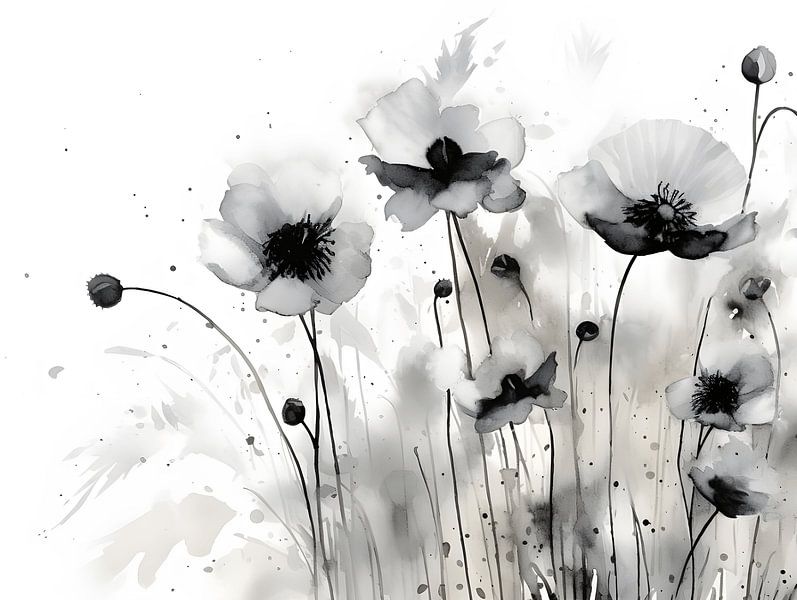 Schwarz-weiße Mohnblumen von Moody Mindscape