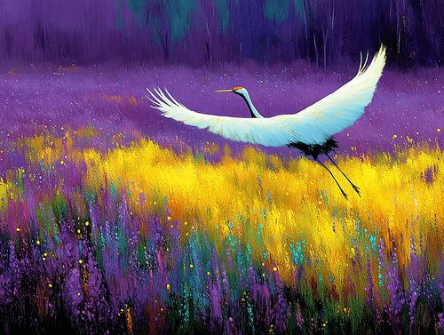 The White Wing above the Whispering Meadow | A Sigh of Freedom in Purple and Gold
