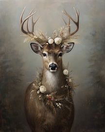 Winter wonderland, een hert in een mistig bos van Carla Van Iersel