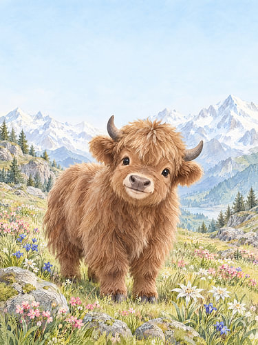 Zottiges Hochlandkalb auf der Almwiese