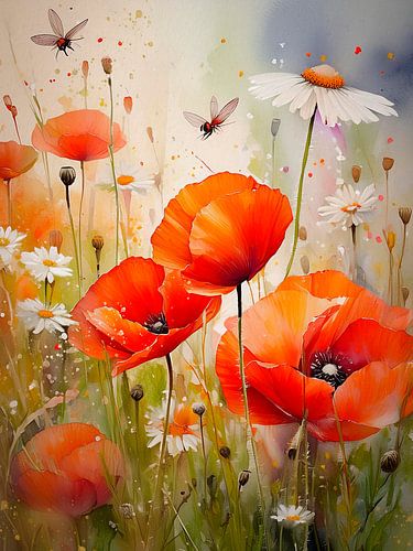 Zomers Bloemenveld met Klaprozen en witte margrieten