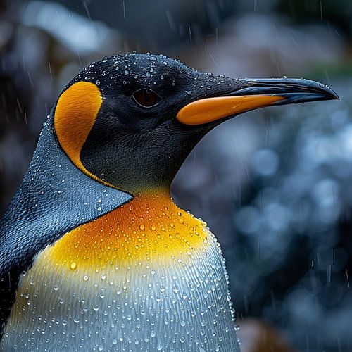 Close-up van een koningspinguïn in de regen