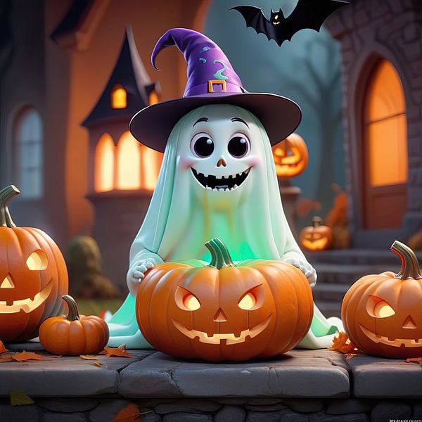 Cute ghost with Halloween pumpkins by Laly Laura