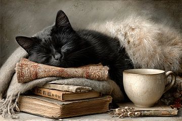 Boeken en Dromen – Katten herfst stilleven vol gezelligheid van Joriali fotografie en schilderijen