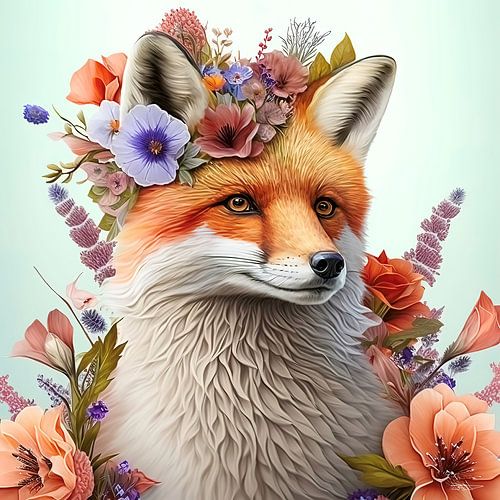 renard avec des fleurs