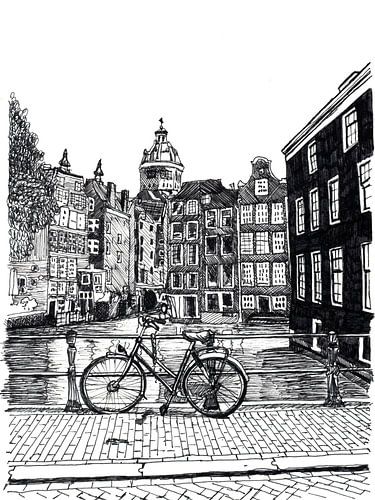 Tekening Binnenstad Amsterdam Nederland Pentekening Lijntekening