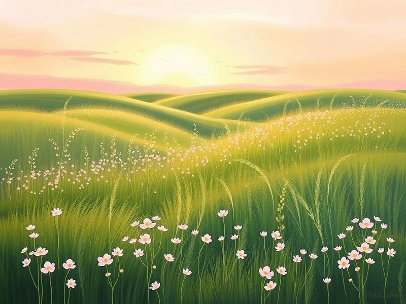 Sérénité au lever du soleil : Une prairie verdoyante de collines et de fleurs sauvages par Artistic