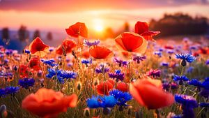 Coquelicots et bleuets au coucher du soleil