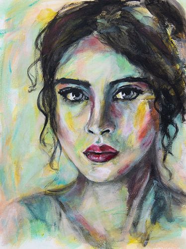 Colorful abstract portrait of a woman with black hair by Bianca ter Riet